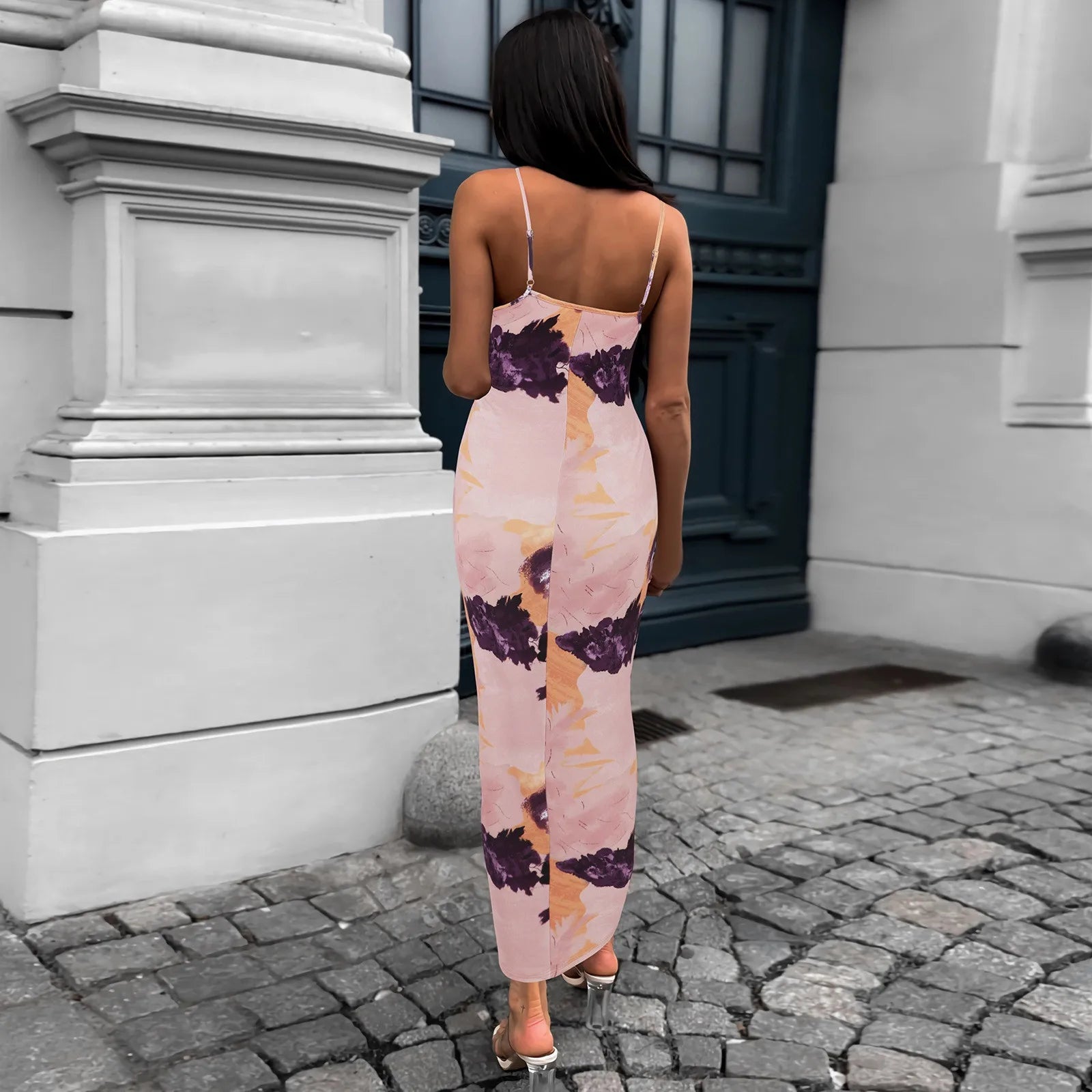 Spaghetti Strap Scoop Neck Abstract Floral Print Side Ruched Bodycon Midi Dress