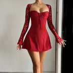 Lace Tie Front Keyhole Square Neck Long Sleeve Bodycon Mini Dress