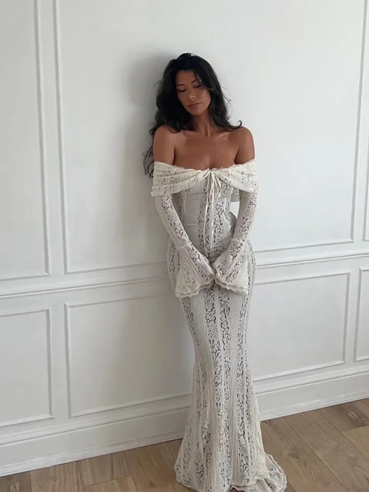 Off Shoulder Floral Lace Bell Sleeve Tie Front Maxi Dress