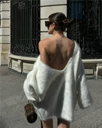 Trendix Loose Backless Knit Pullover For Women's 2024 Sexy Off Shoulder Long Sleeve Sweater Femme Solid Casual Knitwear Cover-up