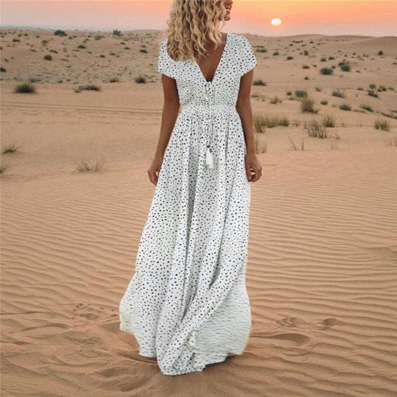 Polka Dot V-Neck Drawstring Tassel Empire Waist Tiered Maxi Dress