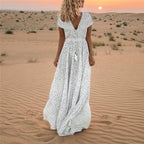 Polka Dot V-Neck Drawstring Tassel Empire Waist Tiered Maxi Dress