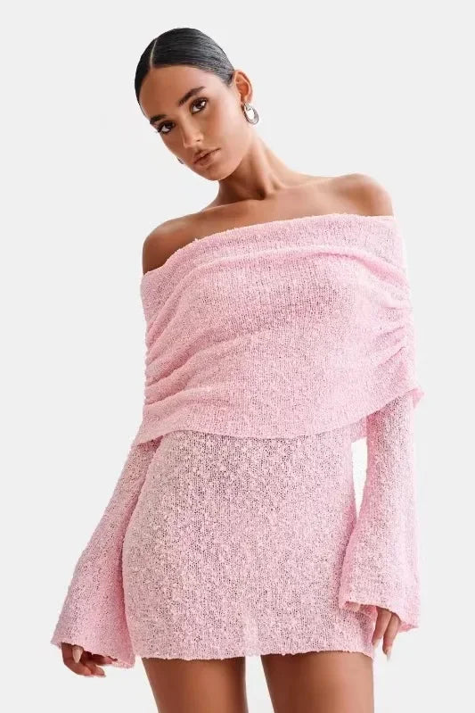 Off Shoulder Textured Knit Bell Sleeve Ruched Collar Bodycon Mini Dress