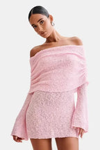 Off Shoulder Textured Knit Bell Sleeve Ruched Collar Bodycon Mini Dress
