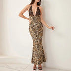 Lace Halter Neck Abstract Floral Print Bodycon Maxi Dress