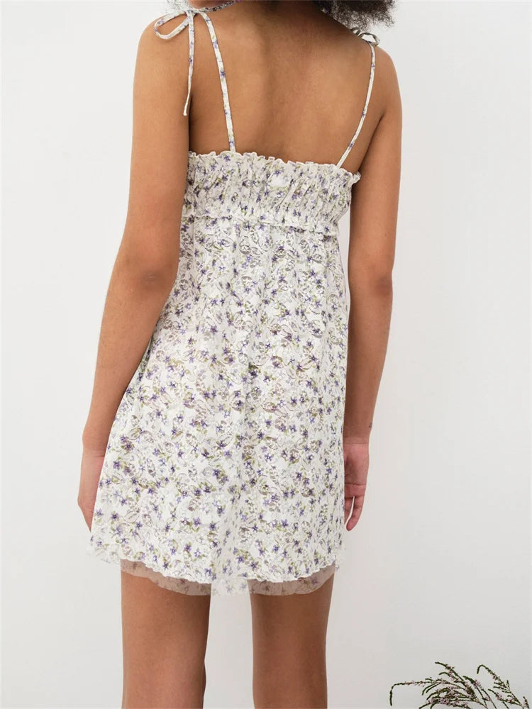 Floral Lace Milkmaid Tie Shoulder Ruffle Trim Mini Dress