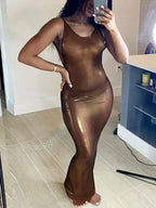Glossy Sheer Mesh Spaghetti Strap Backless Column Maxi Slip Dress