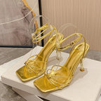 Narrow Band Square Toe Sandals with Ankle Buckle Strap High Heels for Women