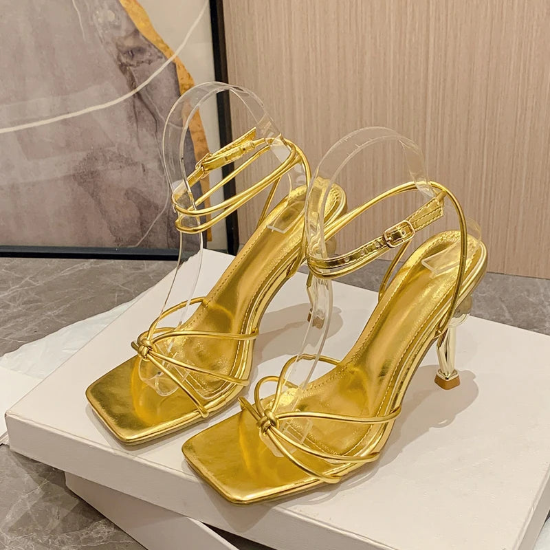 Narrow Band Square Toe Sandals with Ankle Buckle Strap High Heels for Women