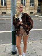 Fashion Lady Lapel Collar Pocket Woolen Short Coats Vintage Long Sleeve Solid Loose Women's Jackets Warm Winter Streetwear
