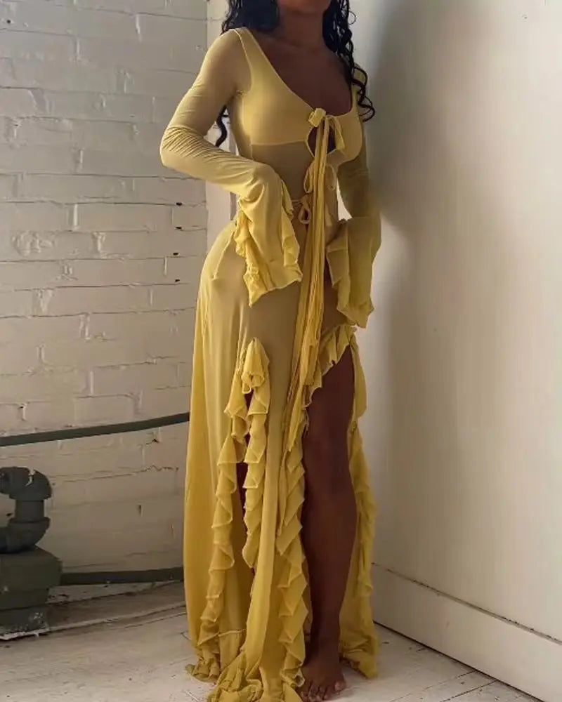 Tie Front Keyhole Long Sleeve Ruffle Cuff High Split Maxi Dress