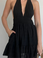 Halter Neck Deep V-Neck Smocked Waist Tiered Ruffle Pocket Mini Dress