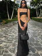 Rhinestone Studded Geometric Halter Neck Side Cut Out Maxi Dress