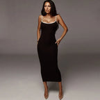 Scoop Neck Contrast Trim Spaghetti Strap Ribbed Knit Bodycon Midi Dress