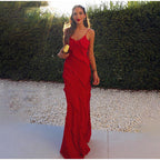 Deep V-Neck Spaghetti Strap Diagonal Tiered Ruffle Maxi Dress