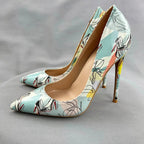 Light Green Print Women Pointy Toe High Heel Shoes