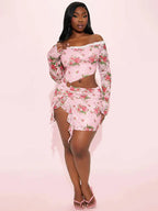 Floral Lace Off Shoulder Long Sleeve Crop Top Mini Skirt Set