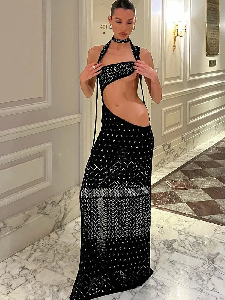 Rhinestone Studded Geometric Halter Neck Side Cut Out Maxi Dress