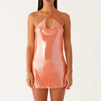 Sequin Halter Ring Keyhole Criss Cross Strap Mini Dress
