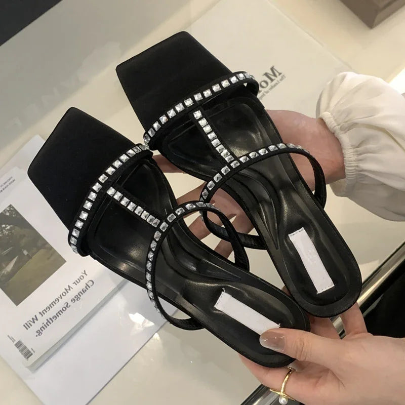 Crystal Square Clip Toe Thin Heel Flip Flops for Women