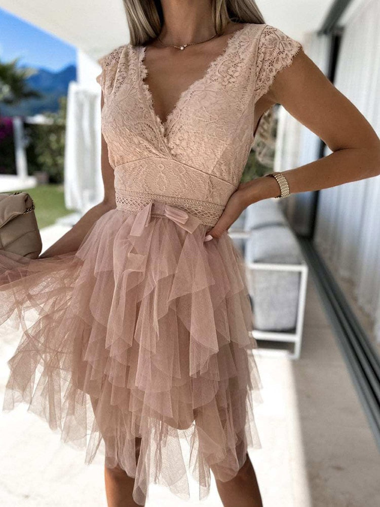 Floral Lace Deep V-Neck Bow Waist Tiered Tulle Skater Mini Dress