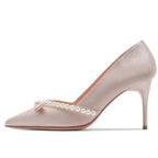 Summer Beaded Shallow Solid Pointed Toe Satin Women's High Heels