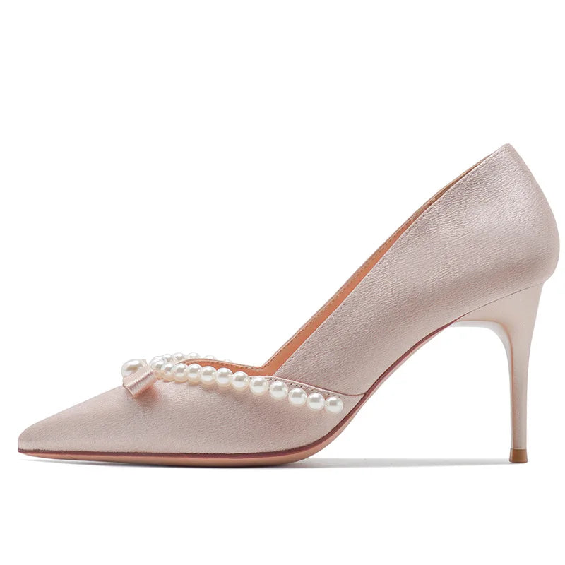 Summer Beaded Shallow Solid Pointed Toe Satin Women's High Heels