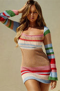 Striped Mini Dress with Knit Hollow Out Detail