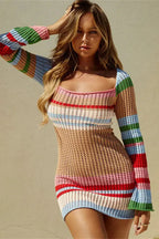Striped Mini Dress with Knit Hollow Out Detail