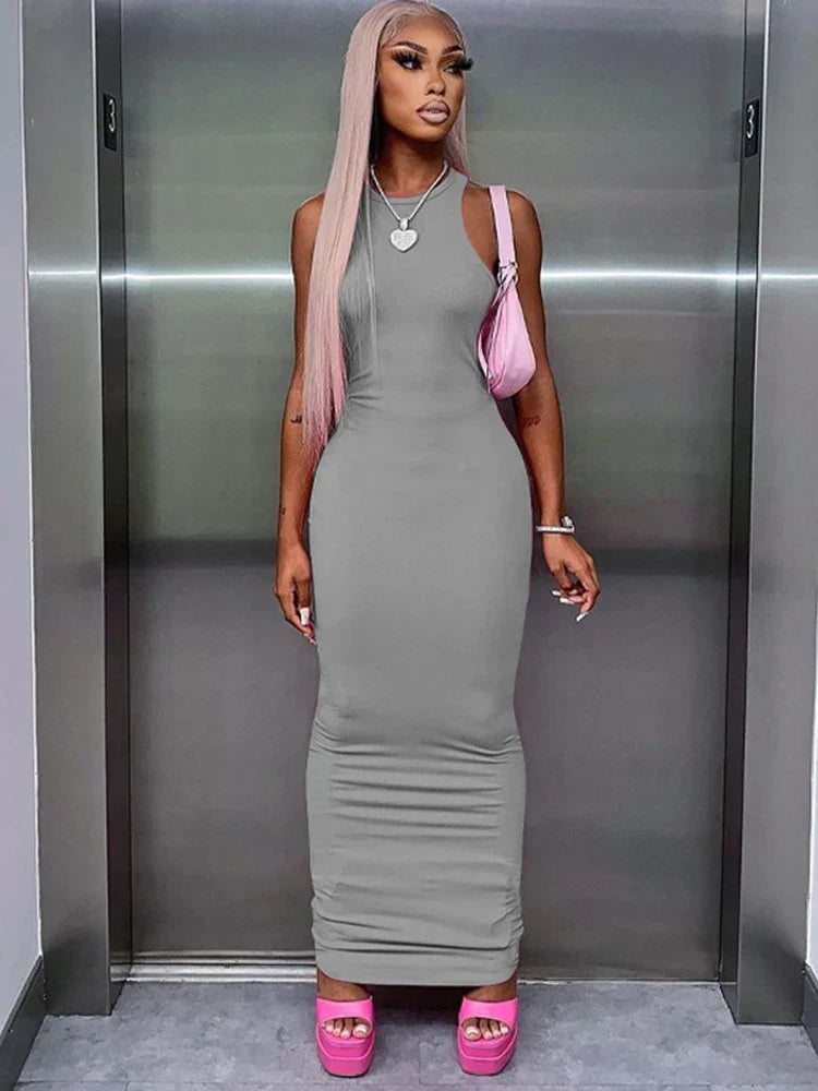 Crew Neck Sleeveless Ribbed Bodycon Maxi Dress