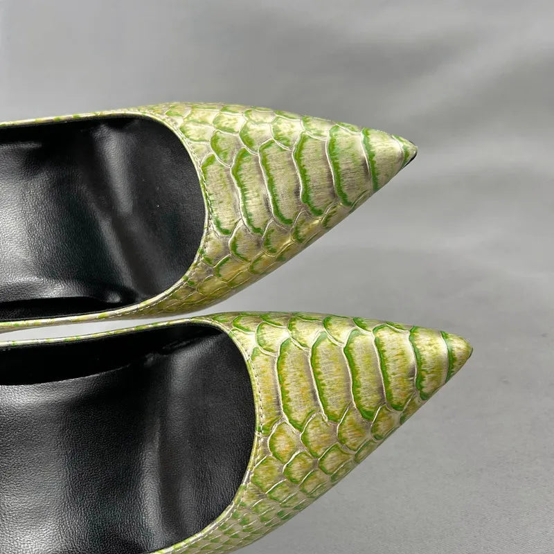 Green Gold Crocodile Effect Pointy Toe High Heel Shoes for Women