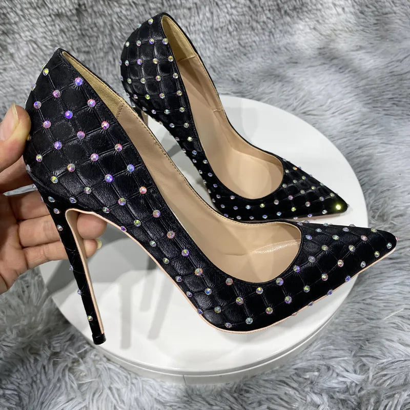 Black Plaid Fabric Pointy Toe High Heel Shoes with Rhinestones for Women