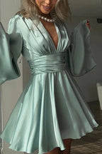 Deep V Neck High Waist Flare Sleeve Mini Dress