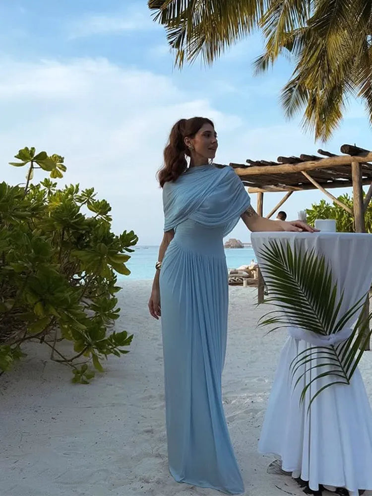 Mock Neck Draped Wrap Cape Overlay Sunray Pleated Maxi Dress