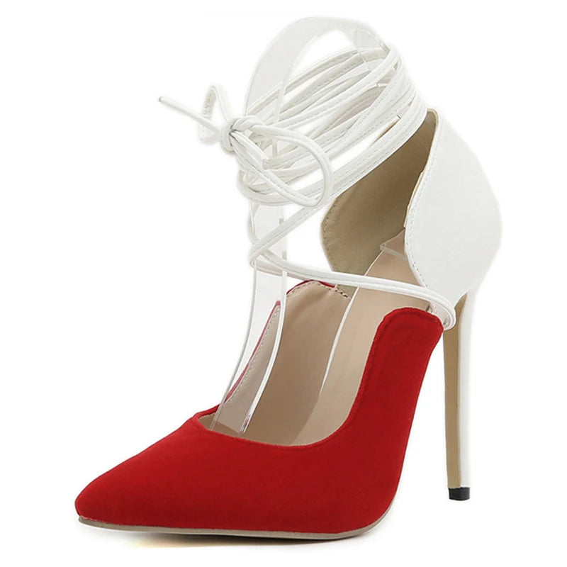 White Red Mixed Color Women Pumps with Sexy Pointed Toe and Strappy Heels