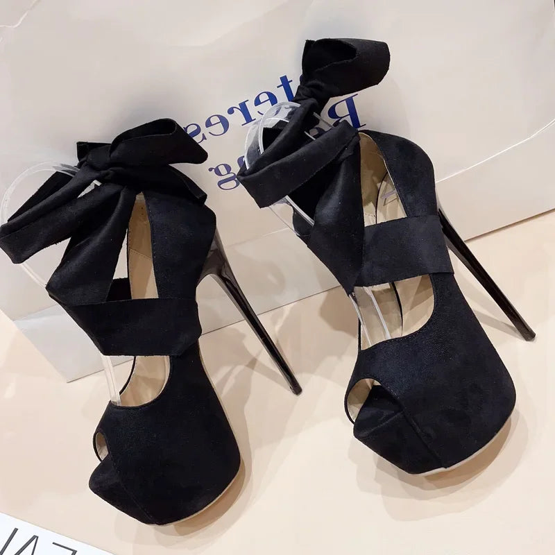 Ankle Cross-Strap Peep Toe Women Pumps with Platform and Extreme Thin High Heels