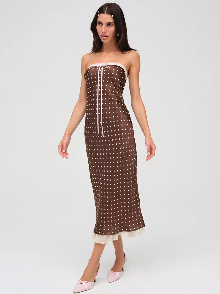 Strapless Polka Dot Lace Trim Ribbon Bow Ruffle Hem Midi Dress