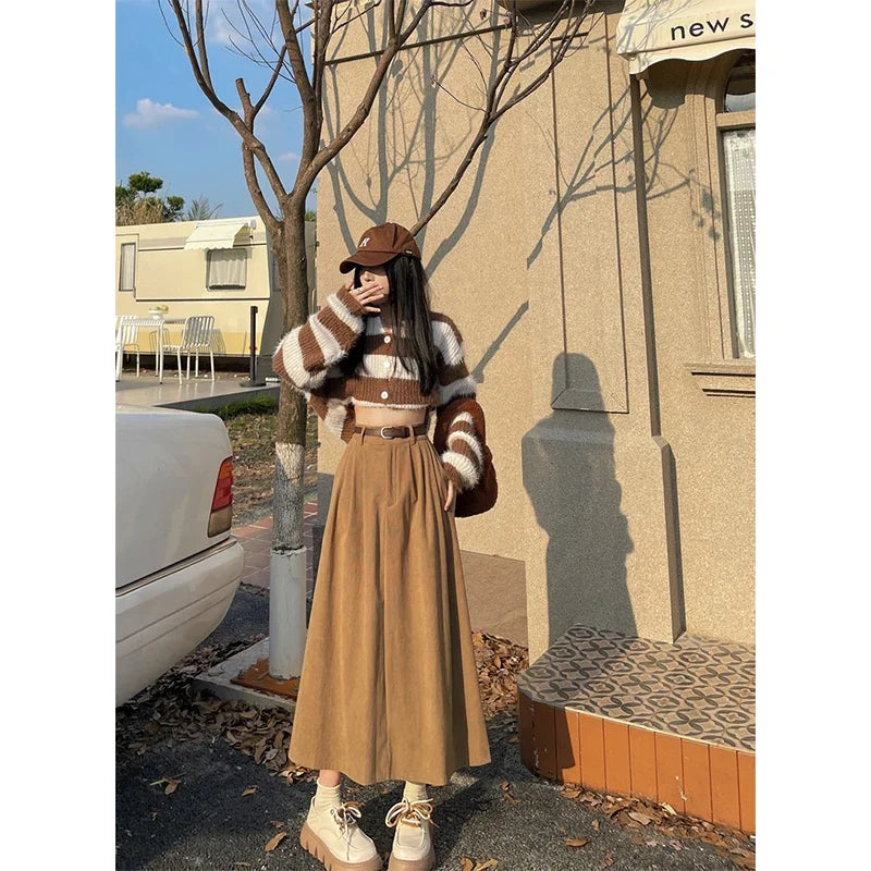 AmyVictoria | Classic Belt Corduroy Midi Skirt