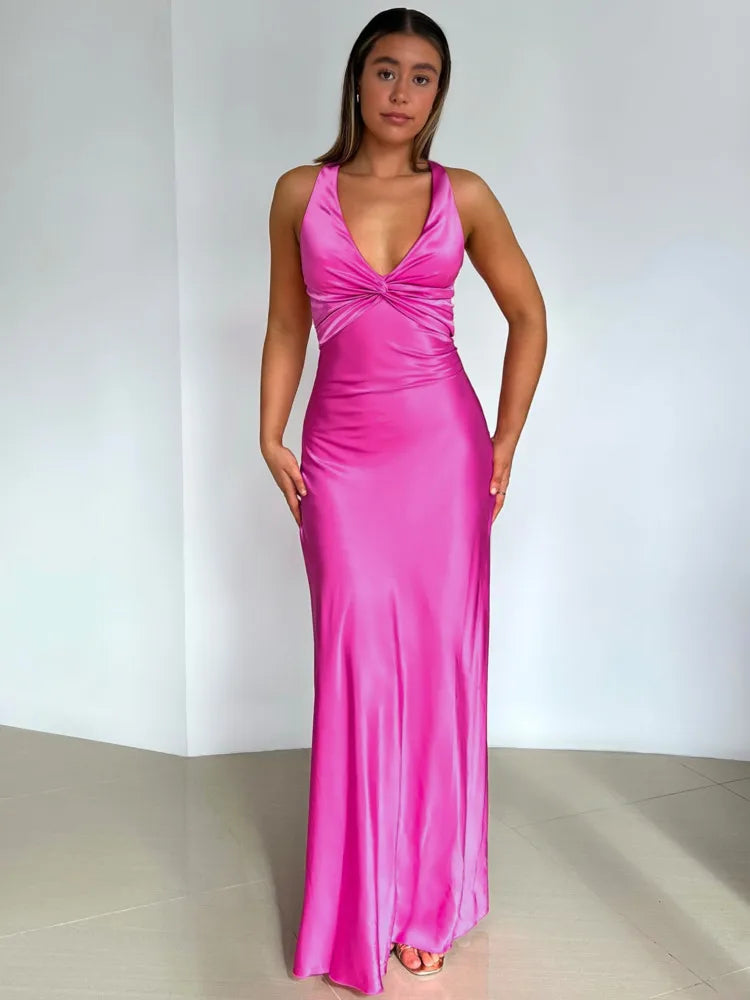 Plunging V-Neck Twisted Knot Bust Satin Bias Cut Maxi Gown