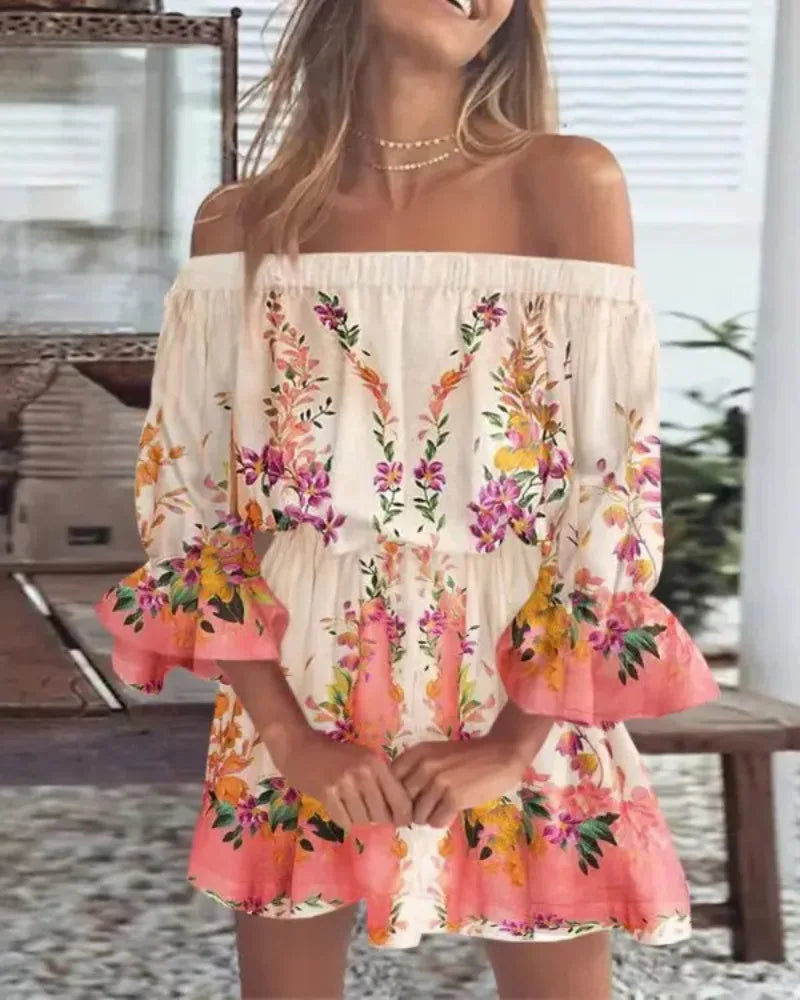 Off Shoulder Floral Print Bell Sleeve Elastic Waist Ruffle Cuff Mini Dress