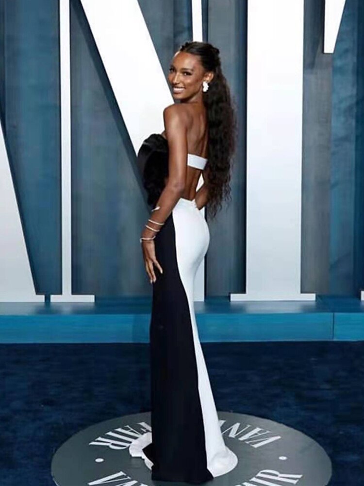Oversized Bow Strapless Cut Out Mermaid Floor Length Gown With Contrast Train
