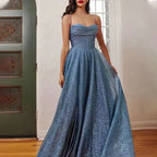 Spaghetti Strap Sweetheart Draped Corset Glitter High Split Maxi Gown