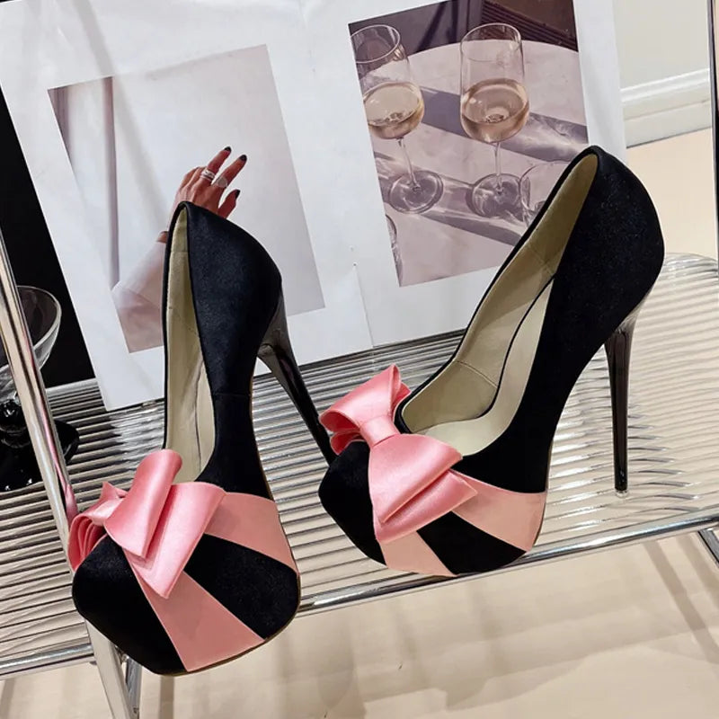 Bowknot Round Toe Platform Pumps for Women Wedding Banquet Shoes