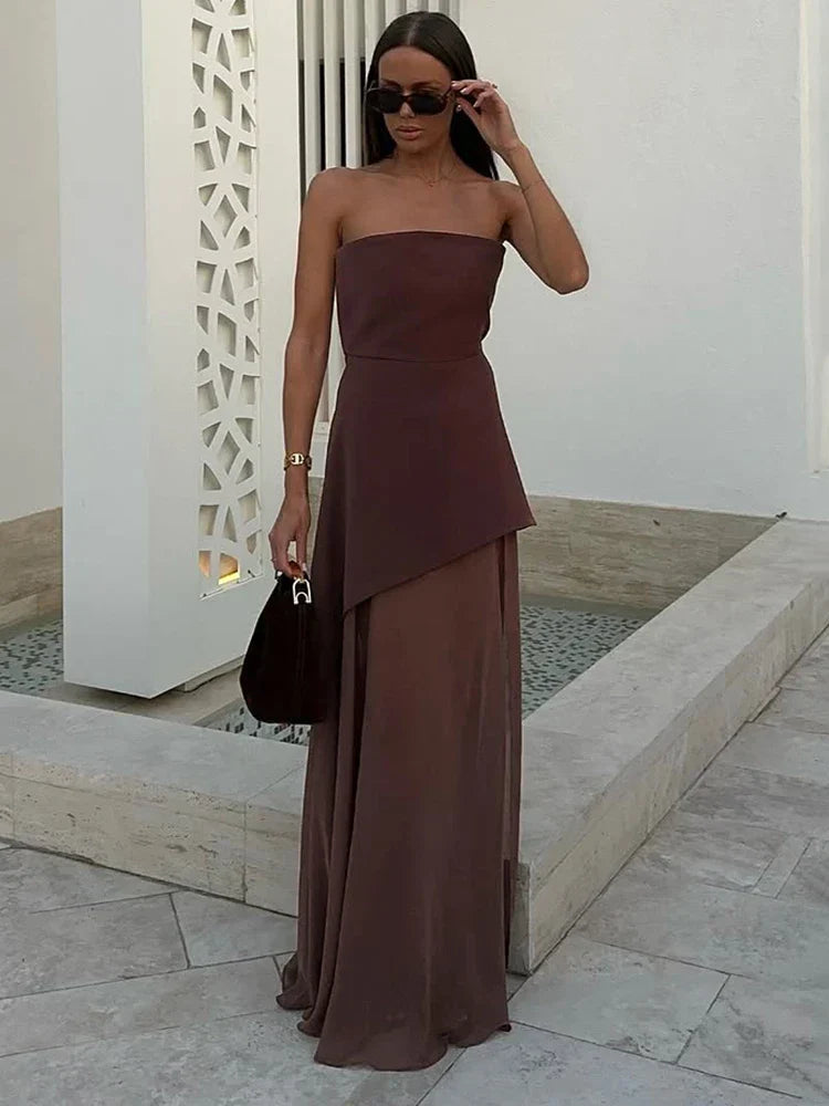 Strapless Structured Bodice Asymmetric Overlay Sheer High Slit Maxi Dress