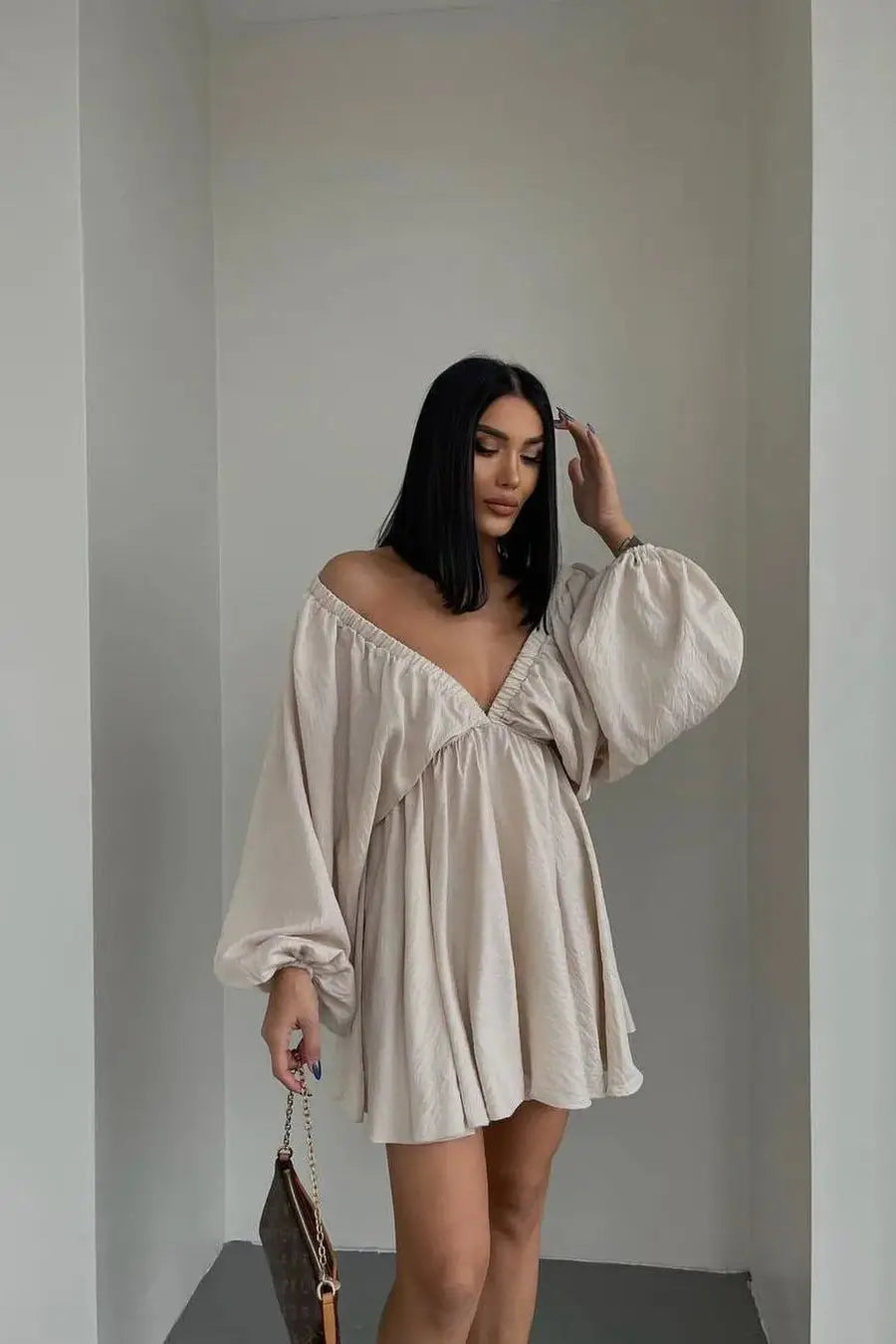V-Neck Long-Sleeved Mini Dress