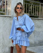 Metallic Pleated Balloon Sleeve Tie Neck Ruffled Hem Two-Piece Set