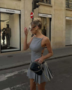 High Street Backless Bandage Pleated Dress Women Sexy Slit Sleeveless Bodycon Mini Dress 2025 New Summer Party Dress Streetwear