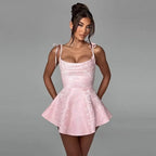 Off Shoulder Oversized Bow Jacquard Fit and Flare Mini Dress