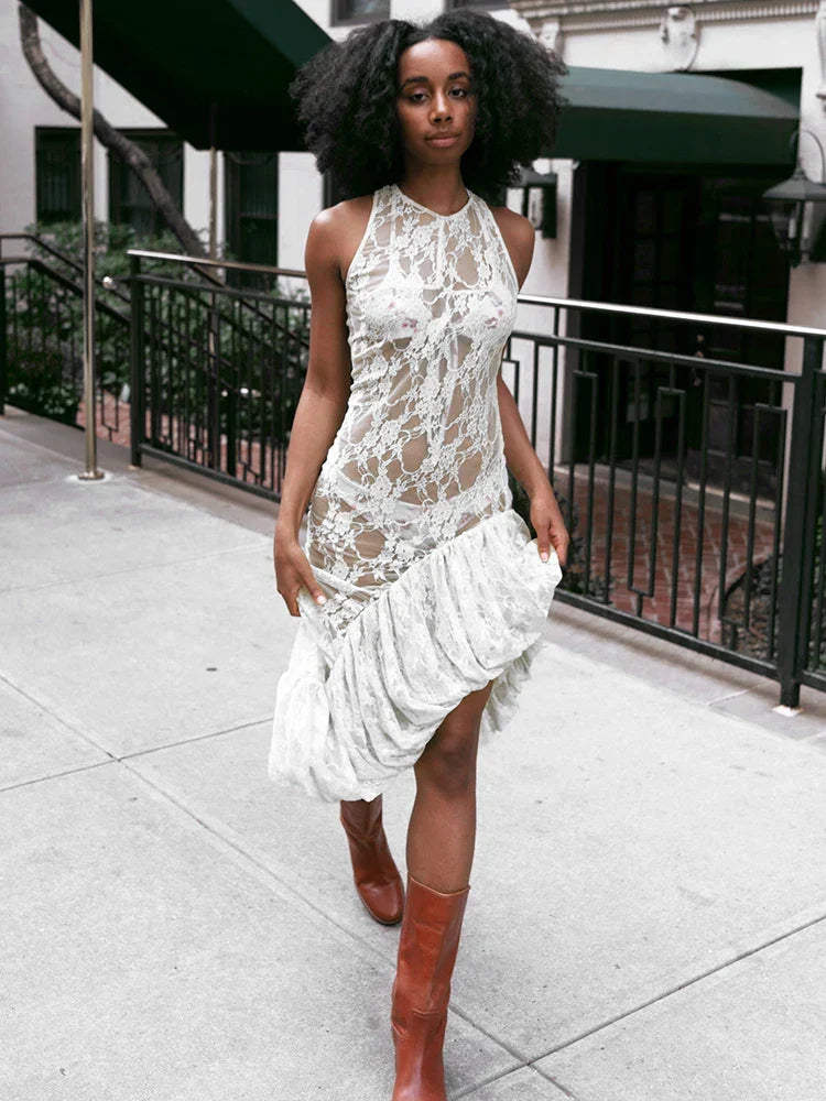 Floral Lace Racerback Ruffle Hem Sheer Maxi Dress