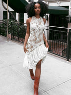 Floral Lace Racerback Ruffle Hem Sheer Maxi Dress